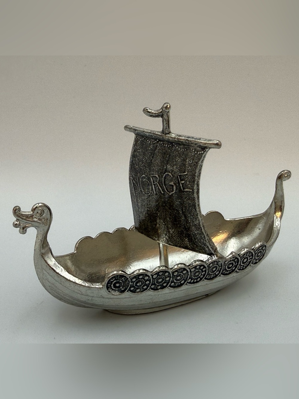 VTG TPB Tinn Pewter Viking Ship NORGE Sail Dragon Boat Salt Cellar Handstopt 70s